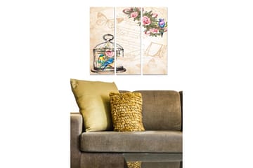 Trelerretsbilde 3-delt 50x70 cm - Fargerik fugl i bur omgitt av blomster og sommerfugler - Grønn / Rosa / Blå - Interiør - Maleri & posters - Lerretsbilder
