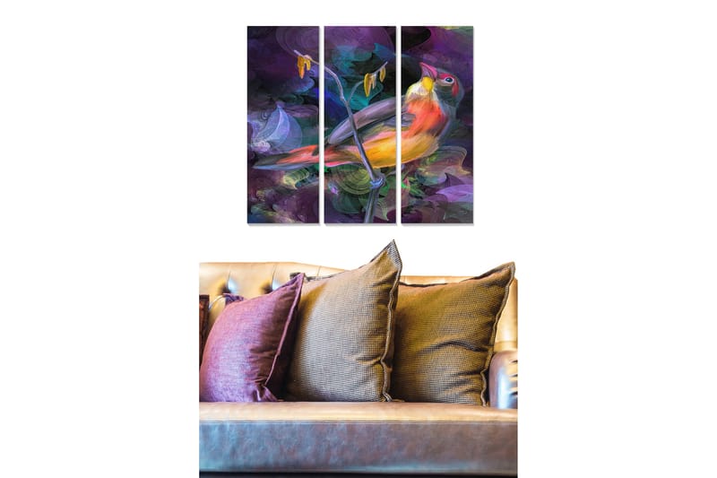Trelerretsbilde 3-delt 50x70 cm - Fargerik fugl på en gren med abstrakt bakgrunn, Lilla / Oransje / Grønn