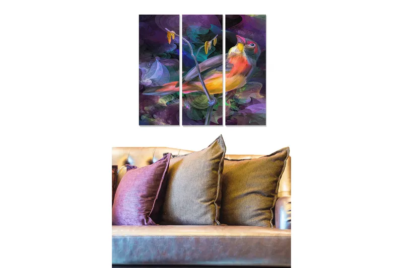 Trelerretsbilde 3-delt 50x70 cm - Fargerik fugl på en gren med abstrakt bakgrunn, Lilla / Oransje / Grønn