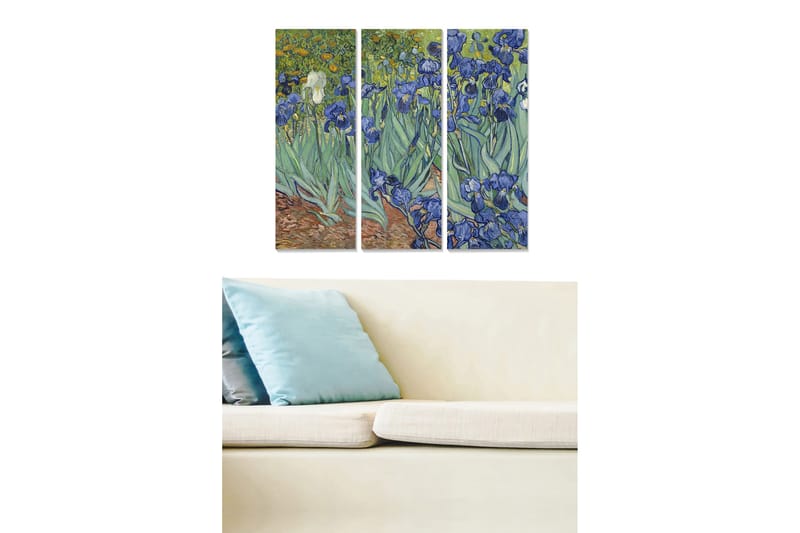 Trelerretsbilde 3-delt 50x70 cm - Fargerik hage med irisblomster, Blå / Grønn / Gul