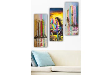 Trelerretsbilde 3-delt 50x70 cm - Fargerik hest i bevegelse foran abstrakte søyler - Rosa / Gul / Blå - Interiør - Maleri & posters - Lerretsbilder