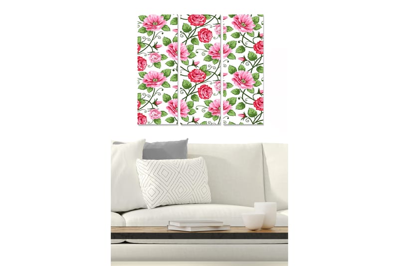 Trelerretsbilde 3-delt 50x70 cm - Fargerik komposisjon av blomster med roser og tusenfryd, Rosa / Grønn