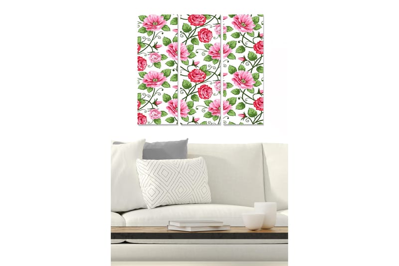 Trelerretsbilde 3-delt 50x70 cm - Fargerik komposisjon av blomster med roser og tusenfryd, Rosa / Grønn