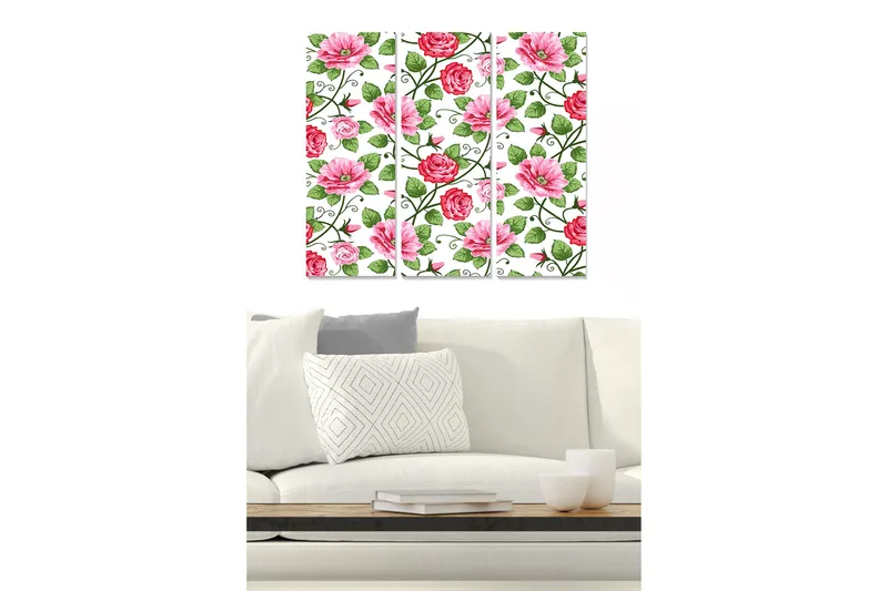 Trelerretsbilde 3-delt 50x70 cm - Fargerik komposisjon av blomster med roser og tusenfryd, Rosa / Grønn