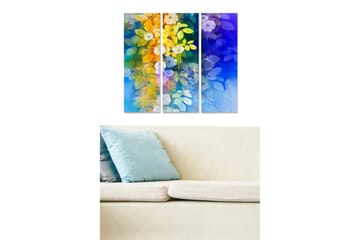 Trelerretsbilde 3-delt 50x70 cm - Fargerik komposisjon av blomster og blader i en harmonisk komposisjon - Blå / Gul / Grønn - Interiør - Maleri & posters - Lerretsbilder