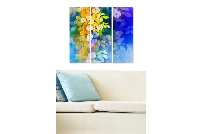 Trelerretsbilde 3-delt 50x70 cm - Fargerik komposisjon av blomster og blader i en harmonisk komposisjon, Blå / Gul / Grønn