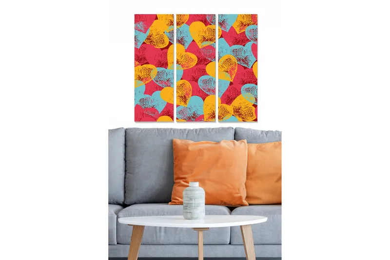 Trelerretsbilde 3-delt 50x70 cm - Fargerik komposisjon av hjerteformede mønstre, Rød / Gul / Turkis