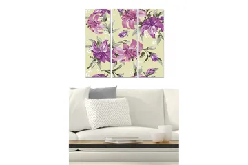 Trelerretsbilde 3-delt 50x70 cm - Fargerik komposisjon av liljer i forskjellige nyanser - Lilla / Grønn / Beige - Interiør - Maleri & posters - Lerretsbilder
