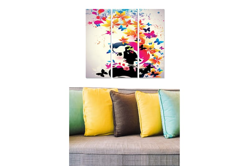 Trelerretsbilde 3-delt 50x70 cm - Fargerik komposisjon av sommerfugler og blomster i stilisert portrettform, Rosa / Blå / Svart