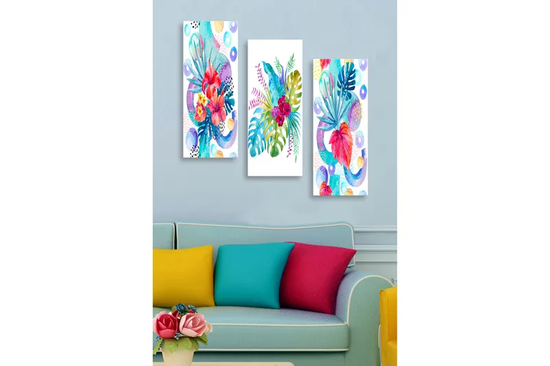 Trelerretsbilde 3-delt 50x70 cm - Fargerik komposisjon av tropiske planter og blomster, Rød / Grønn / Blå