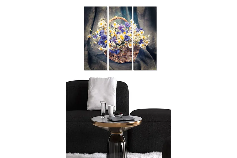 Trelerretsbilde 3-delt 50x70 cm - Fargerik kurv med blomster, Blå / Hvit / Gul