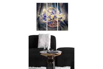 Trelerretsbilde 3-delt 50x70 cm - Fargerik kurv med blomster - Blå / Hvit / Gul - Interiør - Maleri & posters - Lerretsbilder