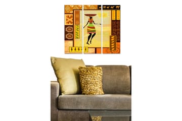 Trelerretsbilde 3-delt 50x70 cm - Fargerik kvinne med tradisjonelle klær og en kurv på hodet - Oransje / Brun / Gul - Interiør - Maleri & posters - Lerretsbilder