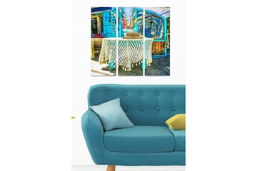 Trelerretsbilde 3-delt 50x70 cm - Fargerik markedsplass med klær og dekorasjoner - Blå / Hvit / Beige - Interiør - Maleri & posters - Lerretsbilder