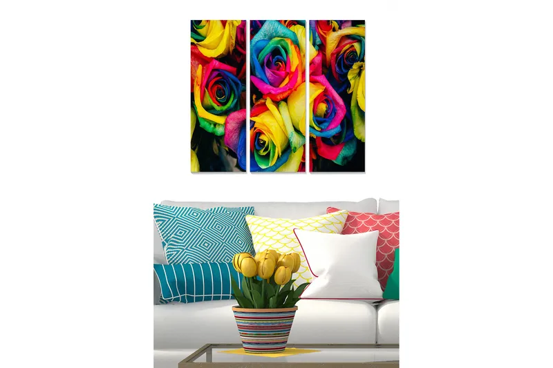 Trelerretsbilde 3-delt 50x70 cm - Fargerik rosebukett, Gul / Rosa / Blå