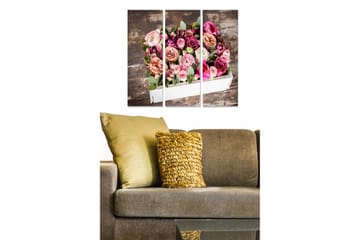 Trelerretsbilde 3-delt 50x70 cm - Fargerik rosebukett i hvit eske - Rosa / Grønn / Beige - Interiør - Maleri & posters - Lerretsbilder