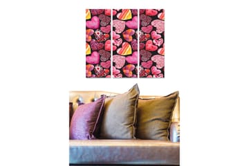 Trelerretsbilde 3-delt 50x70 cm - Fargerik samling av hjerter og blomster - Rosa / Rød / Lilla - Interiør - Maleri & posters - Lerretsbilder