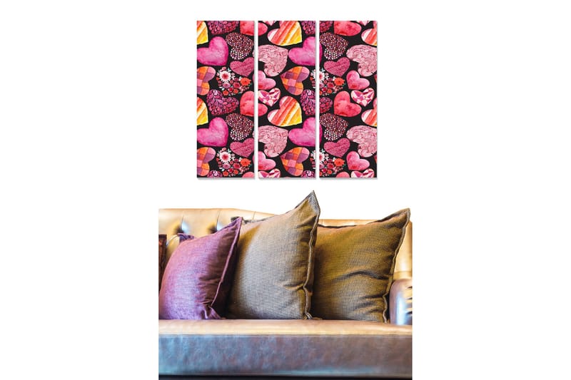 Trelerretsbilde 3-delt 50x70 cm - Fargerik samling av hjerter og blomster, Rosa / Rød / Lilla