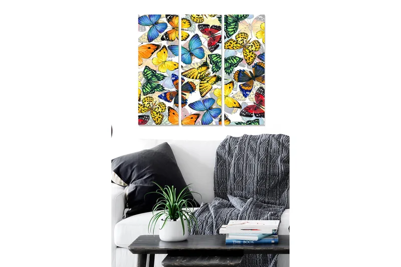 Trelerretsbilde 3-delt 50x70 cm - Fargerik samling av sommerfugler, Blå / Gul / Rød