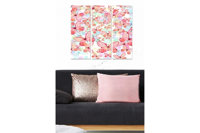 Trelerretsbilde 3-delt 50x70 cm - Fargerik samling av sommerfugler i forskjellige nyanser, Rosa / Lys blå / Grønn