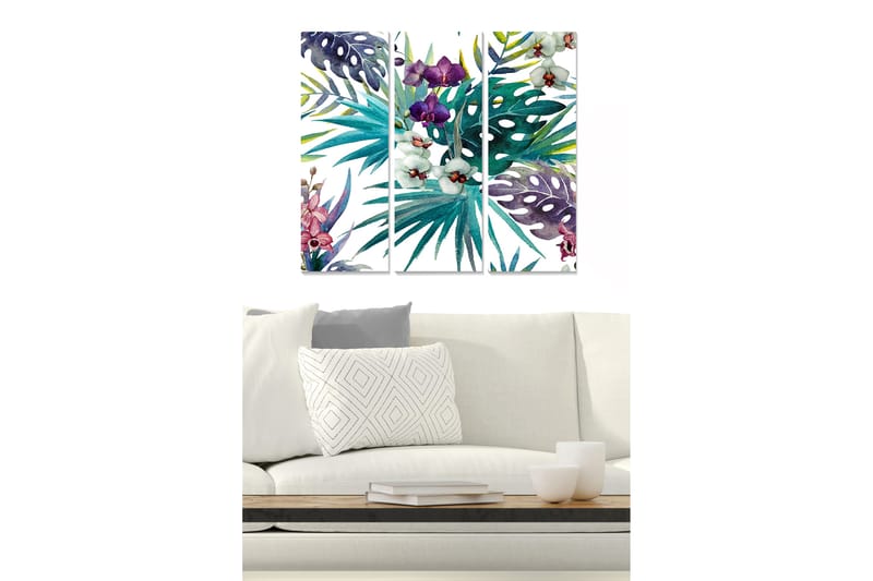 Trelerretsbilde 3-delt 50x70 cm - Fargerik samling av tropiske planter og blomster, Grønn / Lilla / Rosa