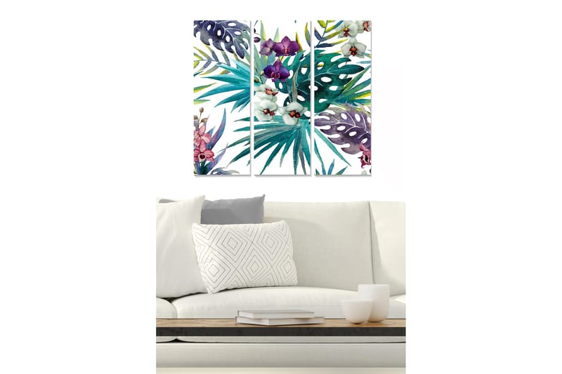 Trelerretsbilde 3-delt 50x70 cm - Fargerik samling av tropiske planter og blomster, Grønn / Lilla / Rosa