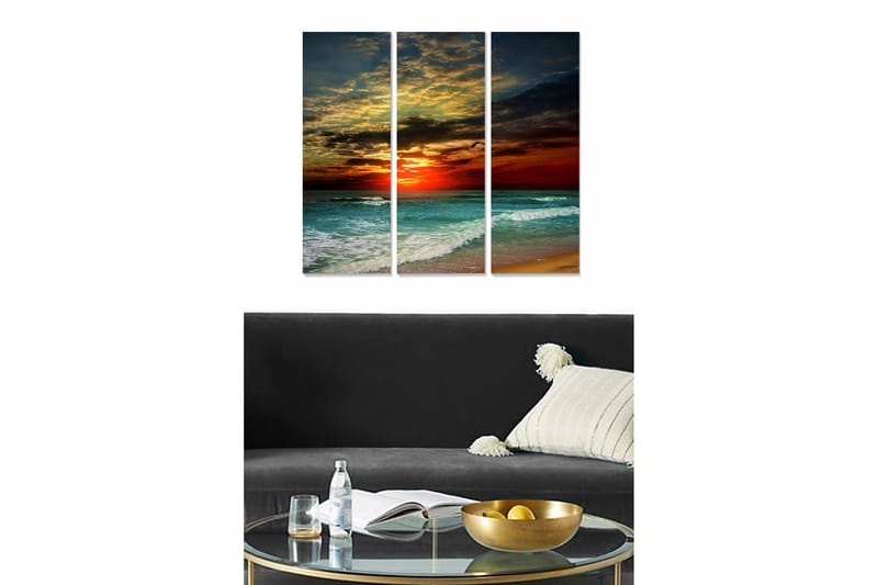 Trelerretsbilde 3-delt 50x70 cm - Fargerik solnedgang over havet, Blå / Oransje / Grønn