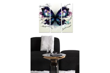Trelerretsbilde 3-delt 50x70 cm - Fargerik sommerfugl med abstrakte elementer - Lilla / Blå / Svart - Interiør - Maleri & posters - Lerretsbilder