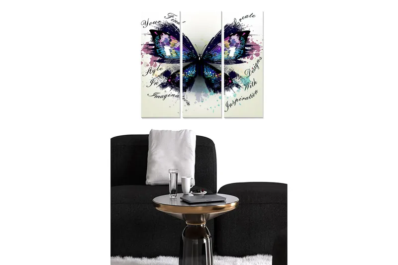 Trelerretsbilde 3-delt 50x70 cm - Fargerik sommerfugl med abstrakte elementer, Lilla / Blå / Svart