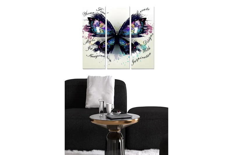 Trelerretsbilde 3-delt 50x70 cm - Fargerik sommerfugl med abstrakte elementer, Lilla / Blå / Svart