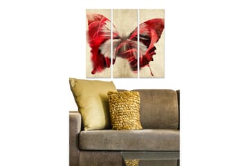 Trelerretsbilde 3-delt 50x70 cm - Fargerik sommerfugl med røde og hvite detaljer - Rød / Hvit - Interiør - Maleri & posters - Lerretsbilder