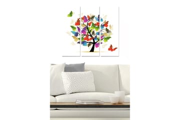 Trelerretsbilde 3-delt 50x70 cm - Fargerik trestruktur med sommerfugler som flyter rundt - Grønn / Rød / Blå - Interiør - Maleri & posters - Lerretsbilder