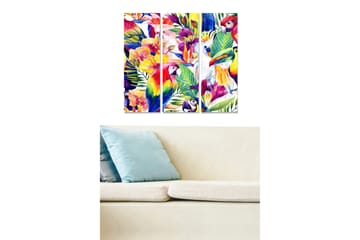 Trelerretsbilde 3-delt 50x70 cm - Fargerik tropisk flora med fugler - Grønn / Rød / Gul - Interiør - Maleri & posters - Lerretsbilder