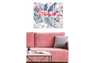 Trelerretsbilde 3-delt 50x70 cm - Fargerik tropisk komposisjon med flamingoer og blomster - Rosa / Grønn / Lilla - Interiør - Maleri & posters - Lerretsbilder