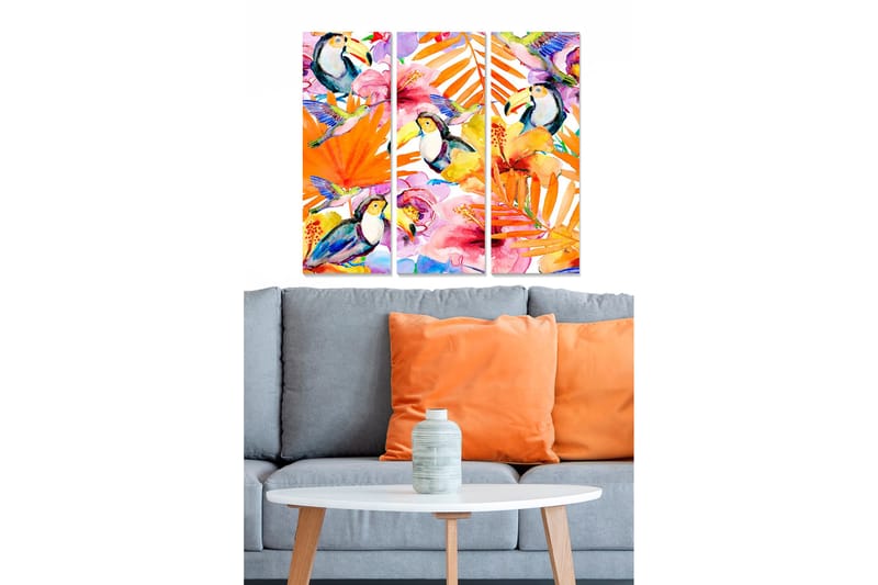 Trelerretsbilde 3-delt 50x70 cm - Fargerik tropisk komposisjon med tukaner og blomster, Oransje / Grønn / Rosa