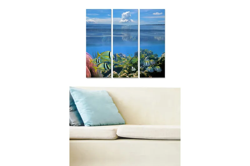Trelerretsbilde 3-delt 50x70 cm - Fargerik undervannsscene med tropiske fisker og koraller, Blå / Grønn / Rosa