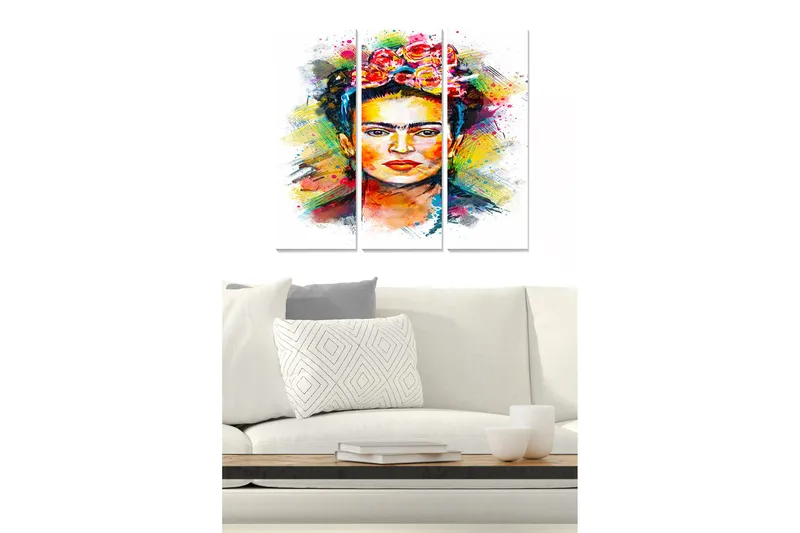 Trelerretsbilde 3-delt 50x70 cm - Fargerik portrett av en kvinne med blomster i håret, Rød / Gul / Grønn