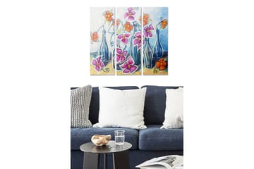 Trelerretsbilde 3-delt 50x70 cm - Fargerike blomster i glassflasker - Blå / Lilla / Oransje - Interiør - Maleri & posters - Lerretsbilder