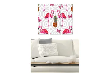 Trelerretsbilde 3-delt 50x70 cm - Fargerike flamingoer med ananas og sommerfugler - Rosa / Grønn / Gul - Interiør - Maleri & posters - Lerretsbilder