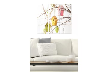 Trelerretsbilde 3-delt 50x70 cm - Fargerike fuglehus hengende fra grener - Grønn / Gul / Rosa - Interiør - Maleri & posters - Lerretsbilder