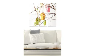 Trelerretsbilde 3-delt 50x70 cm - Fargerike fuglehus hengende fra grener - Grønn / Gul / Rosa - Interiør - Maleri & posters - Lerretsbilder