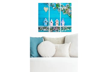 Trelerretsbilde 3-delt 50x70 cm - Fargerike fuglehus mot en lyseblå bakgrunn - Lys blå / Rosa / Hvit - Interiør - Maleri & posters - Lerretsbilder