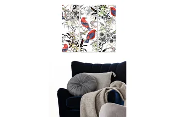 Trelerretsbilde 3-delt 50x70 cm - Fargerike fugler blant blomster og vegetasjon - Rød / Grønn / Svart - Interiør - Maleri & posters - Lerretsbilder