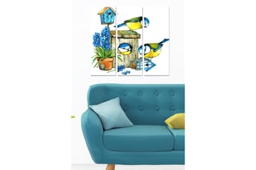 Trelerretsbilde 3-delt 50x70 cm - Fargerike fugler ved en fuglemater med blomster og et fuglehus - Blå / Grønn / Gul - Interiør - Maleri & posters - Lerretsbilder