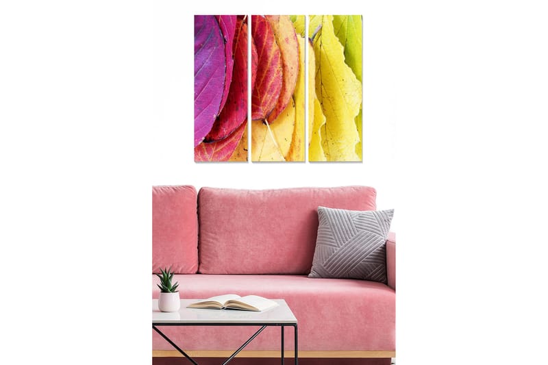Trelerretsbilde 3-delt 50x70 cm - Fargerike høstblader i forskjellige nyanser, Rosa / Gul / Grønn