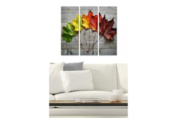 Trelerretsbilde 3-delt 50x70 cm - Fargerike høstblader på en treflate - Grønn / Gul / Rød - Interiør - Maleri & posters - Lerretsbilder