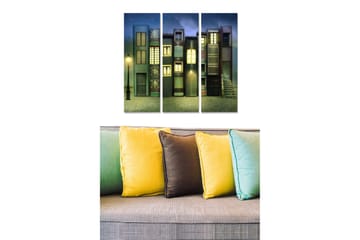 Trelerretsbilde 3-delt 50x70 cm - Fargerike hus med vinduer og en gatelykt i et drømmeaktig miljø - Mørk blå / Grønn / Rød - Interiør - Maleri & posters - Lerretsbilder