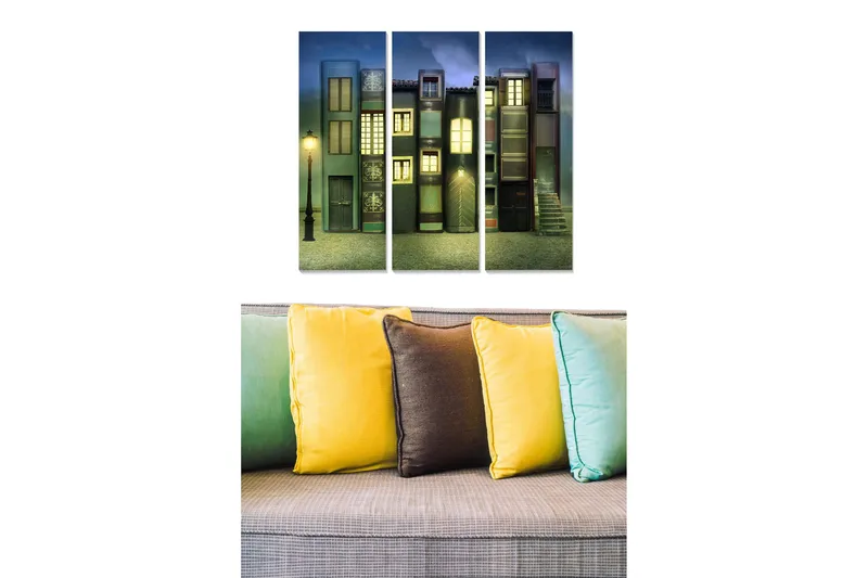 Trelerretsbilde 3-delt 50x70 cm - Fargerike hus med vinduer og en gatelykt i et drømmeaktig miljø, Mørk blå / Grønn / Rød