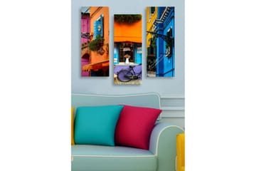 Trelerretsbilde 3-delt 50x70 cm - Fargerike husfasader med sykkel og blomster - Oransje / Blå / Lilla - Interiør - Maleri & posters - Lerretsbilder