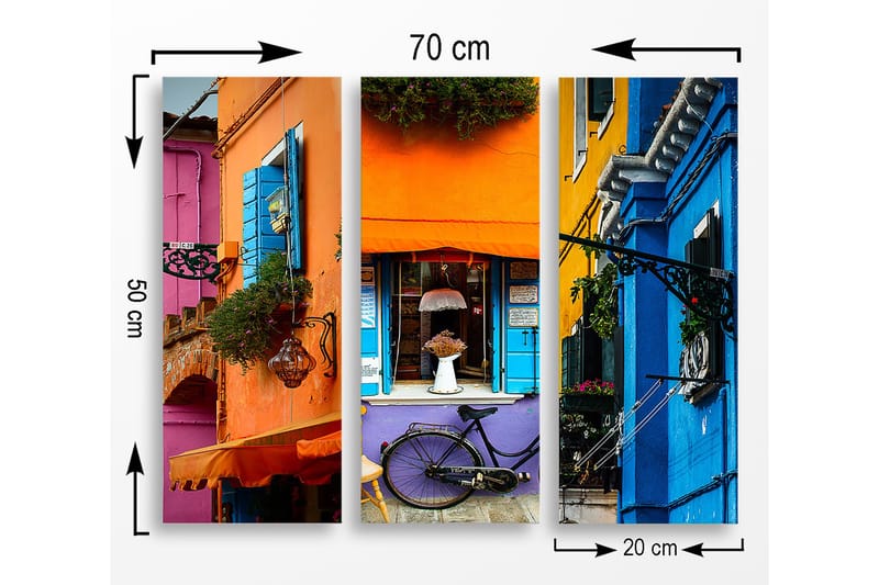 Trelerretsbilde 3-delt 50x70 cm - Fargerike husfasader med sykkel og blomster - Oransje / Blå / Lilla - Interiør - Maleri & posters - Lerretsbilder